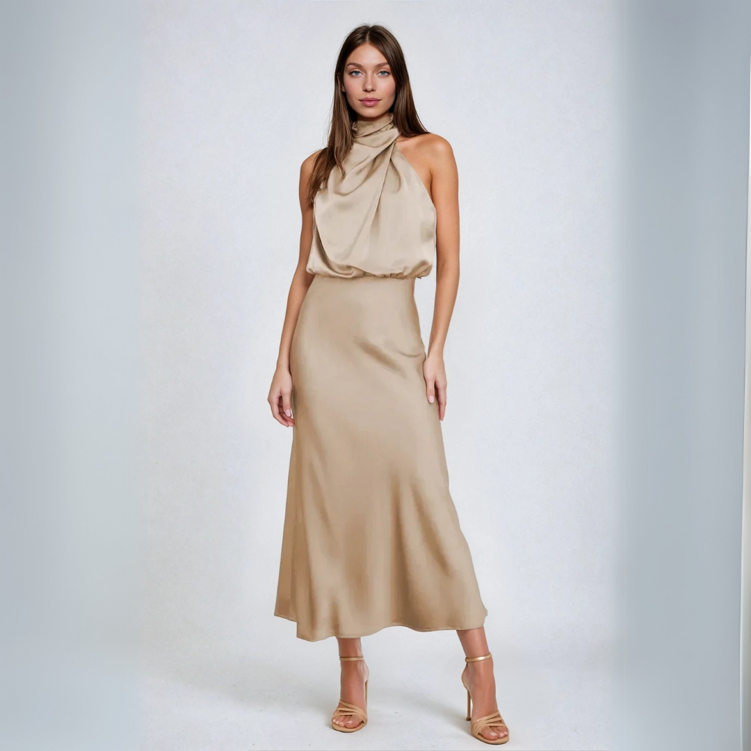 Carlina | Halter Neck Long Satin Dress