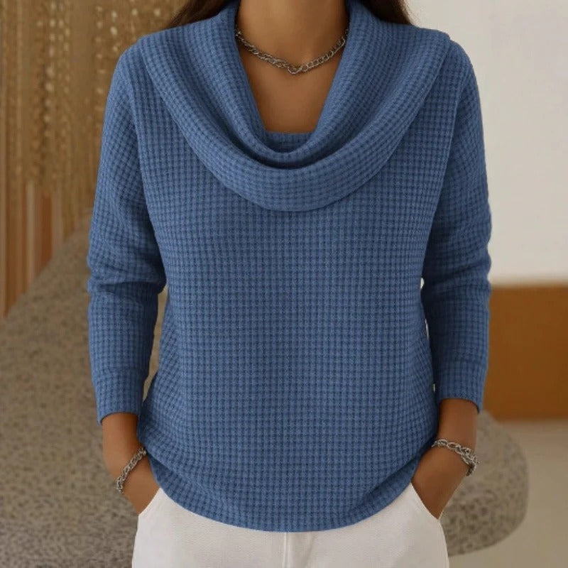 Amber – Warm Waffle Sweater with Elegant Cowl Neck