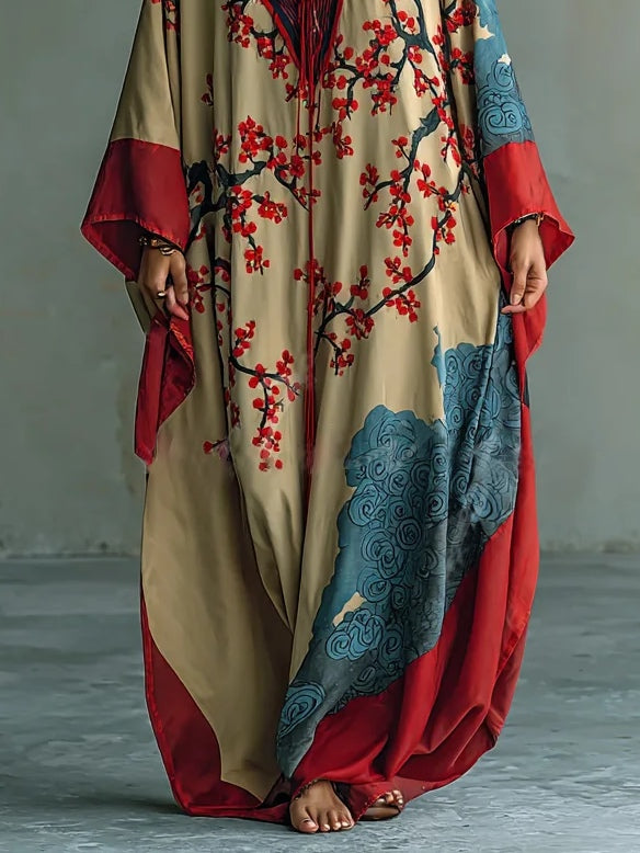 Japanese Red Plum Blossom Print Batwing Sleeve Maxi Dress