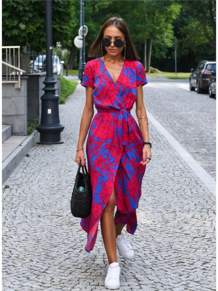 Vada - Sunset Stroll V-Neck Slit Print Dress