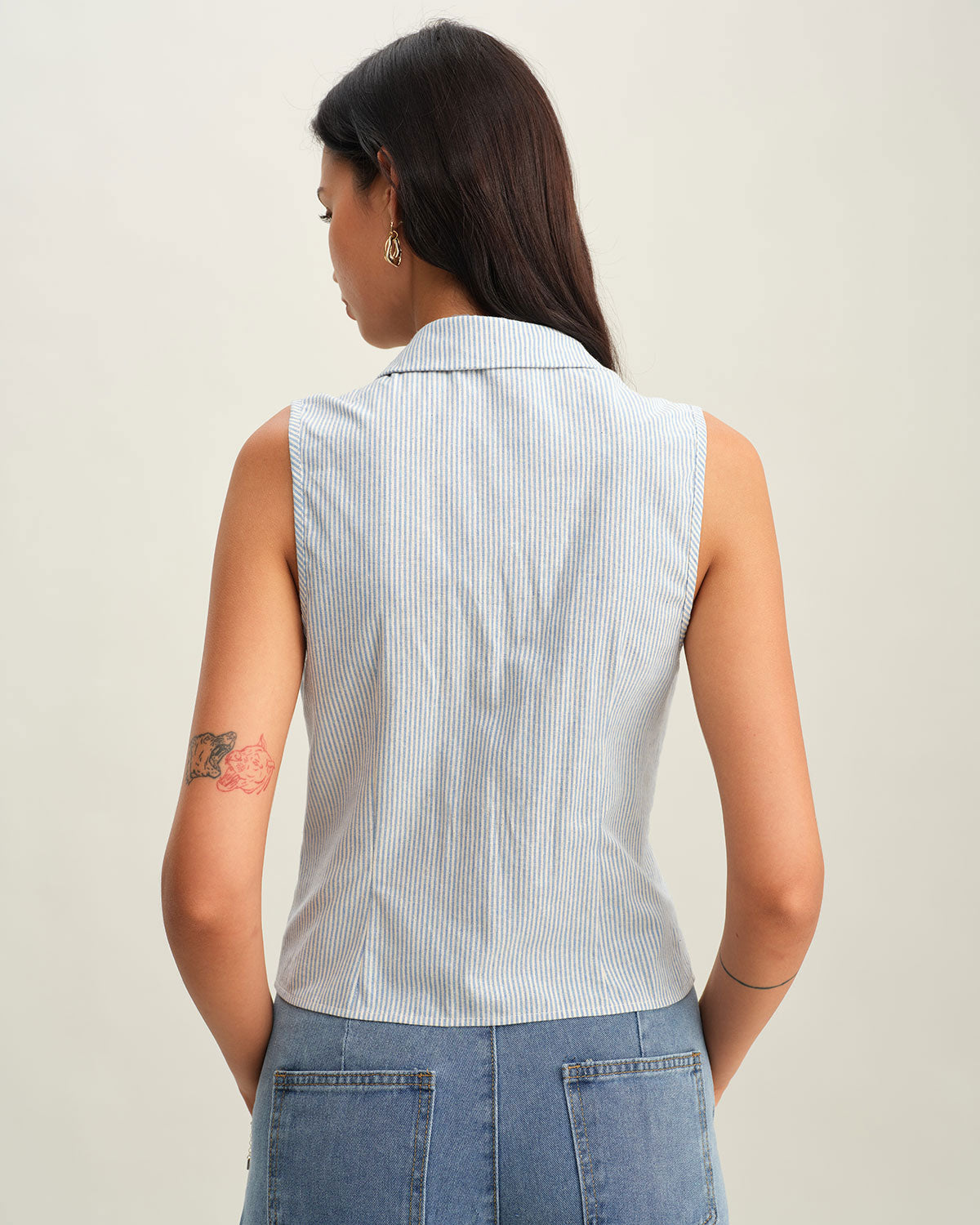 Blue Striped Button Sleeveless Blouse