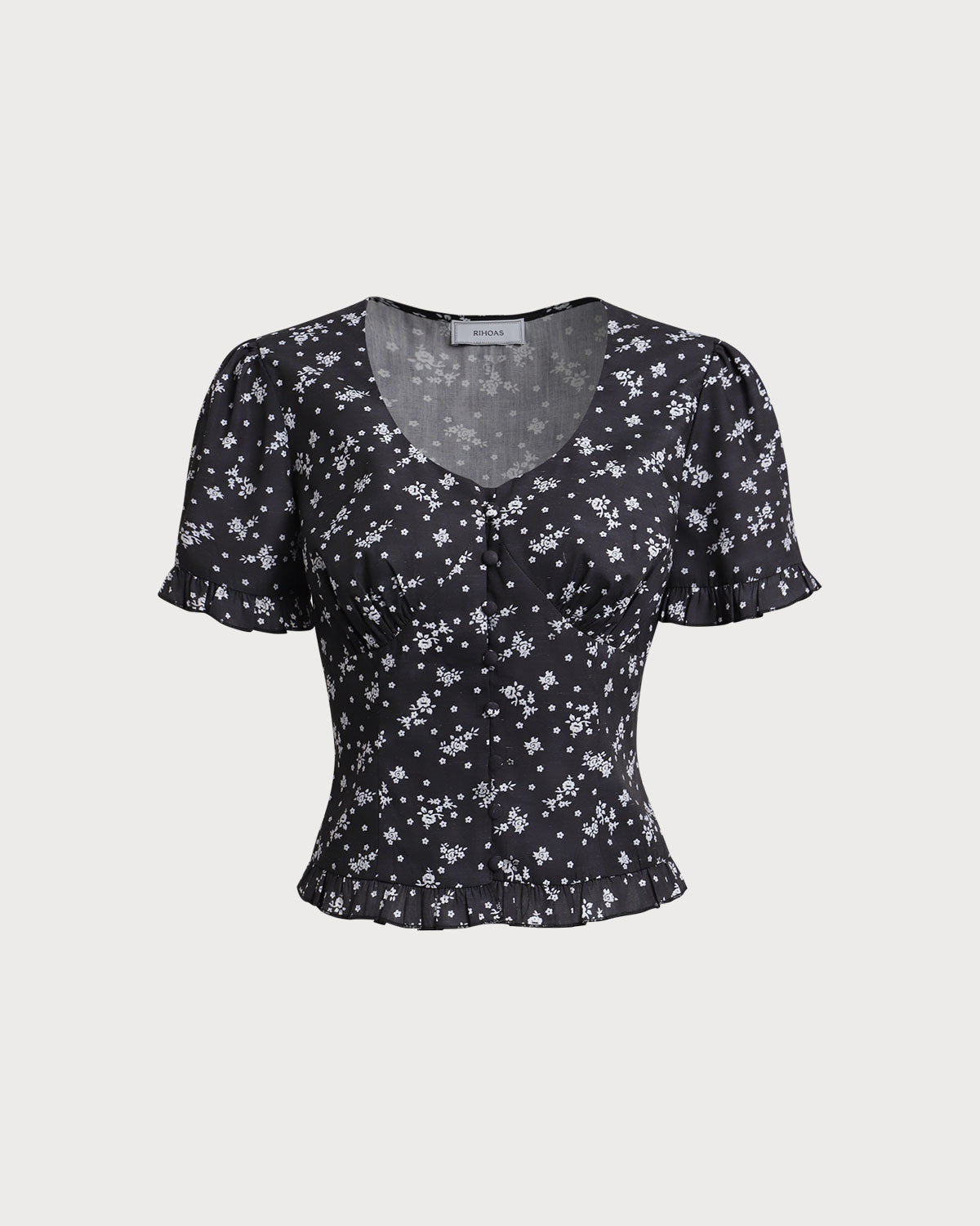 Black Floral Scoop Neck Blouse