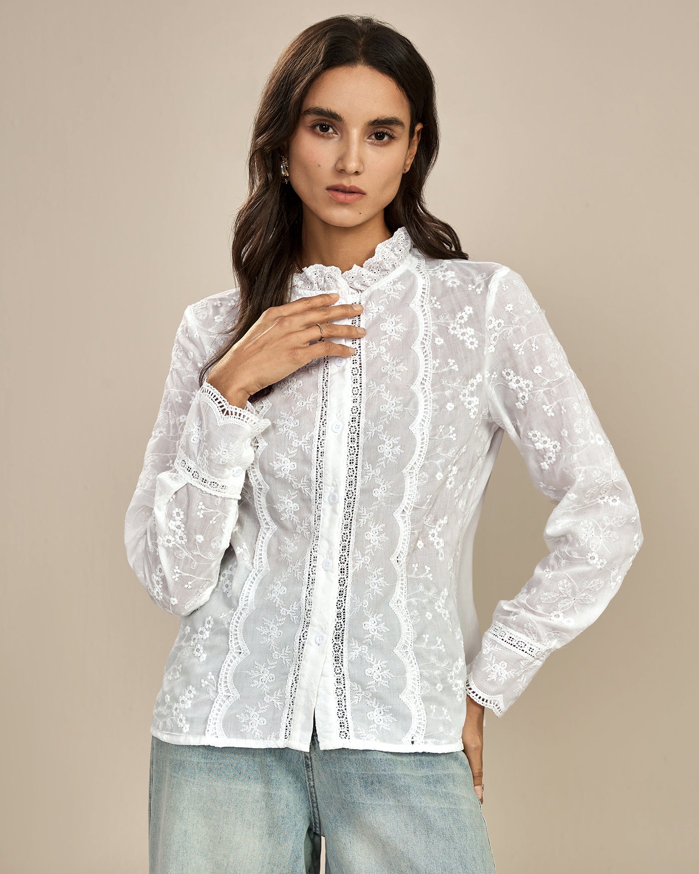 White Floral Textured Ruffled Shirt