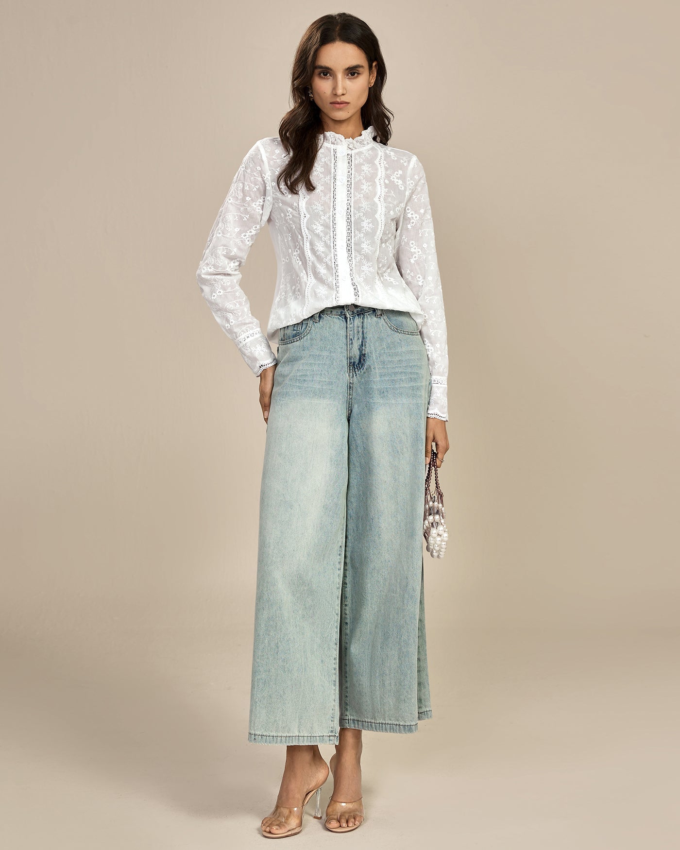 White Floral Textured Ruffled Shirt