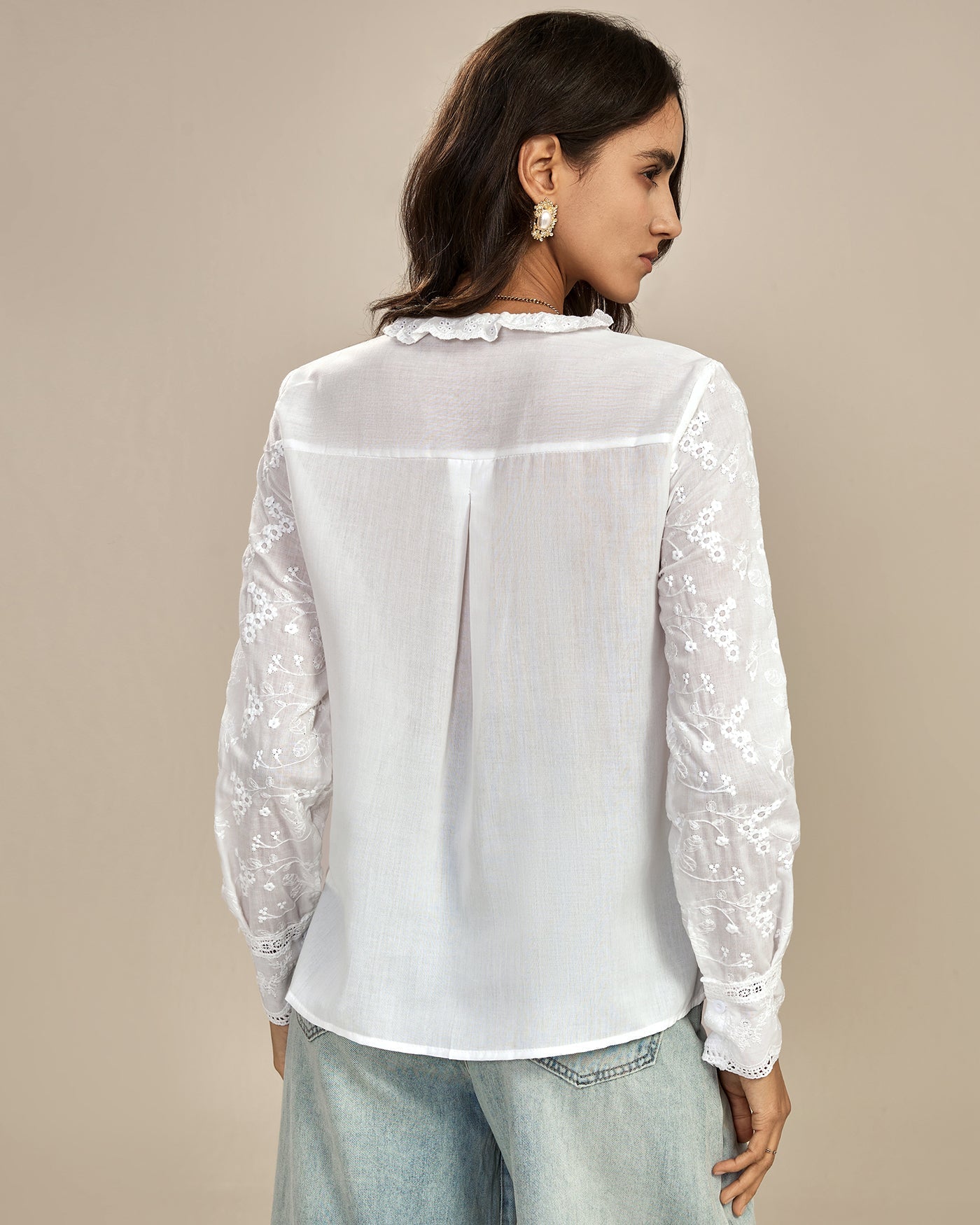 White Floral Textured Ruffled Shirt