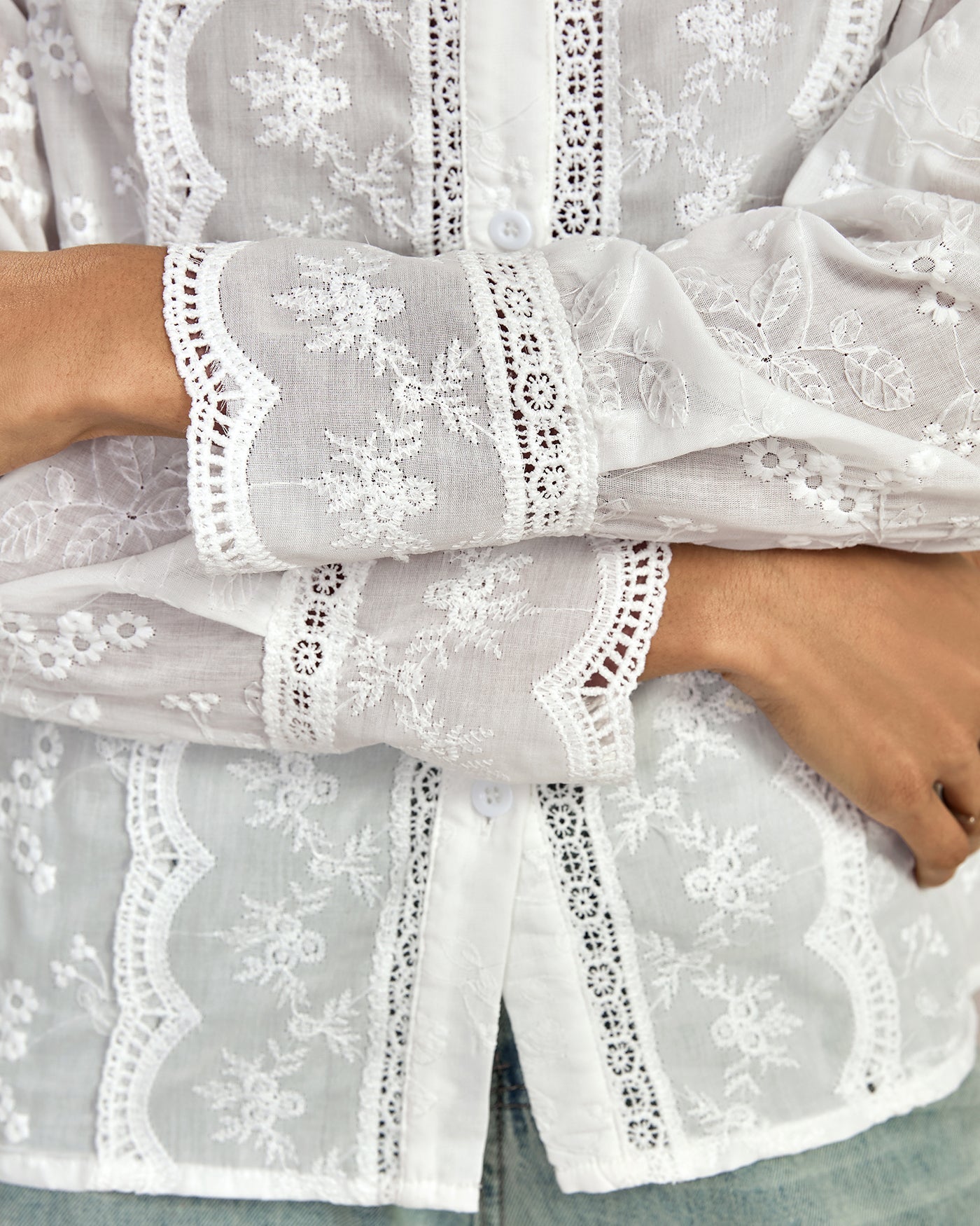 White Floral Textured Ruffled Shirt