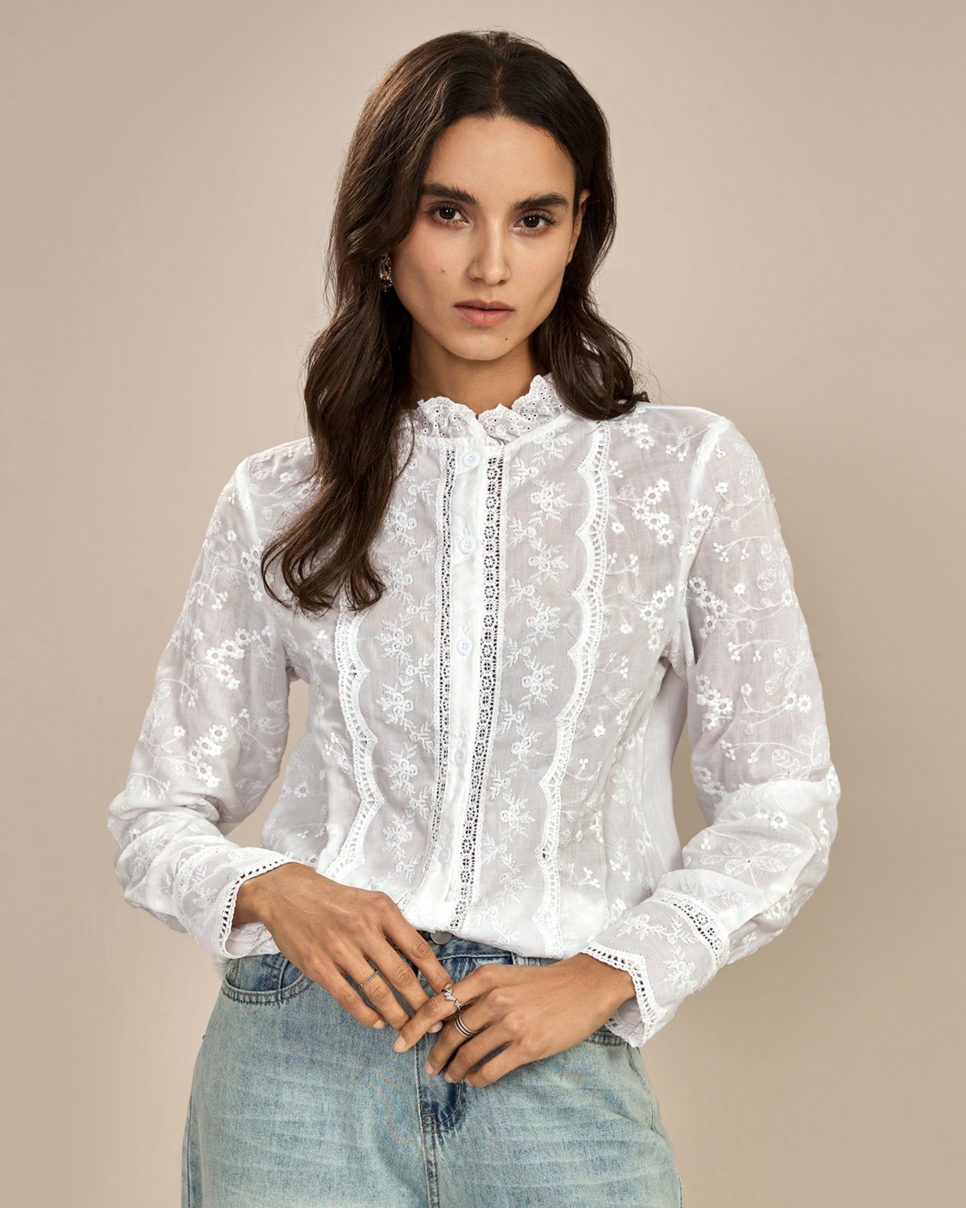 White Floral Textured Ruffled Shirt