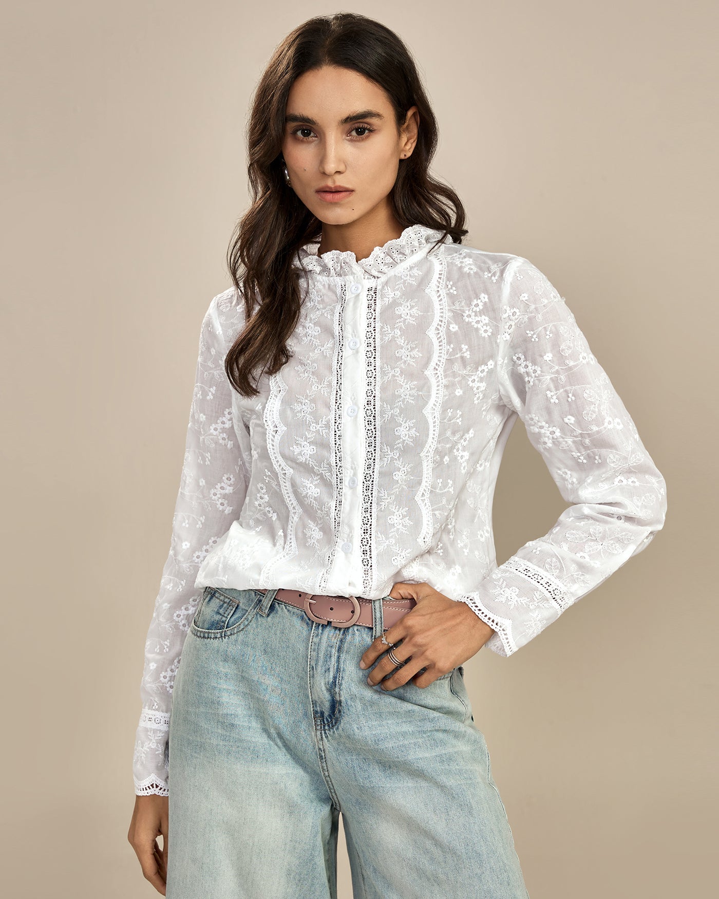 White Floral Textured Ruffled Shirt